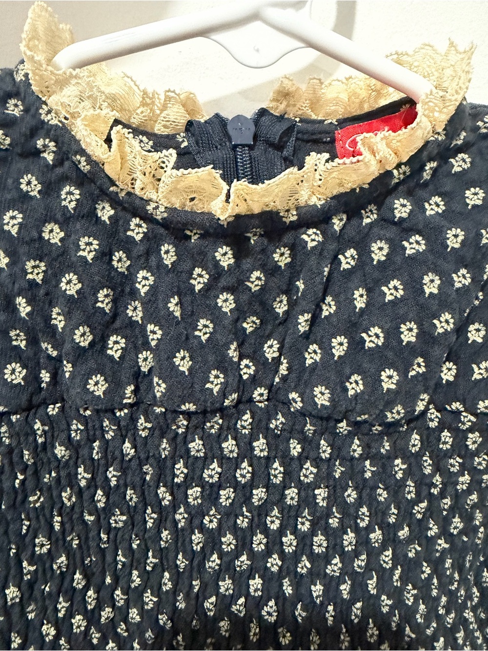 Girls' Navy Floral Smocked Dress with Lace Collar - Picture 2 of 4